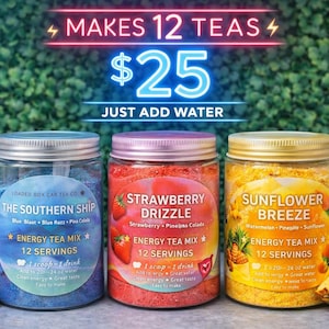 May include: Three glass jars of energy tea mix with silver lids. The jars are labeled "The Southern Ship", "Strawberry Drizzle", and "Sunflower Breeze". The image also includes text that says "Makes 12 Teas" and "Just Add Water".