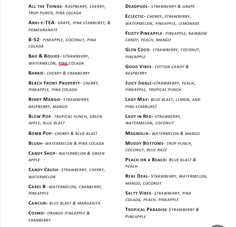 May include: A list of various flavor combinations for drinks, including "All The Things," "Deadpool," and "Eclectic." The text is in a clean, sans-serif font, arranged in a vertical format. The list includes a variety of fruit and candy-inspired flavors.