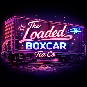 May include: A neon sign featuring a stylized boxcar with the text "The Loaded BOXCAR Tea Co." in pink and blue. The image has a dark background with stars and a railroad track.