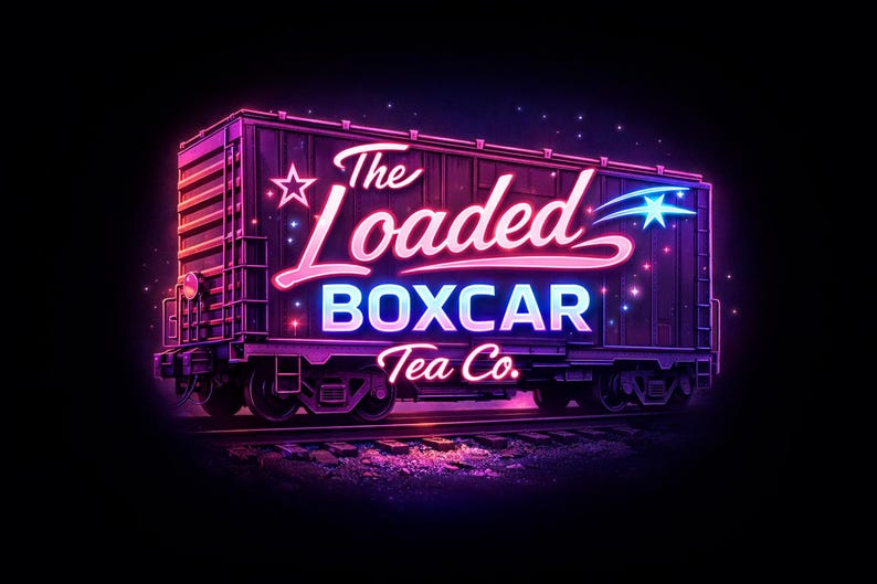 May include: A neon sign featuring a stylized boxcar with the text "The Loaded BOXCAR Tea Co." in pink and blue. The image has a dark background with stars and a railroad track.