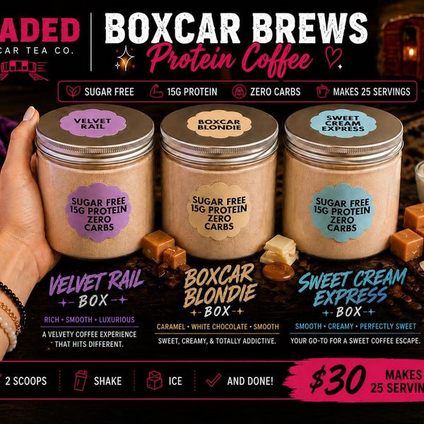 ¡NUEVO! BOXCAR BLONDIE / Mezcla de café proteico / Café helado alto en proteínas sin azúcar / Loaded Box Car Tea Co.
