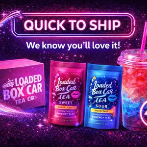 May include: An image featuring a pink box with "LOADED BOX CAR TEA CO." text, two tea packets labeled "SWEET" and "SOUR", and a colorful drink in a clear cup with a straw. The text "QUICK TO SHIP" and "We know you'll love it!" are also present.