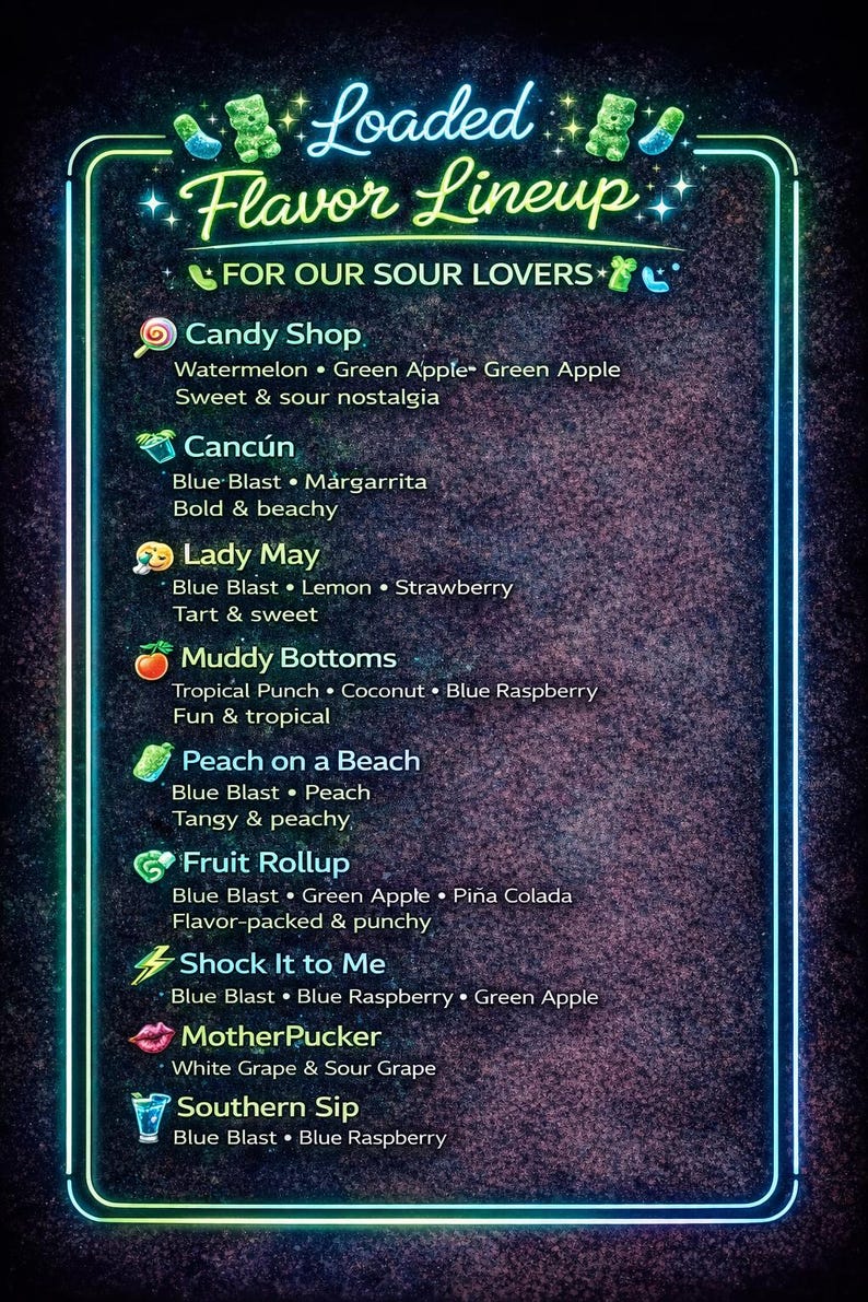 May include: A neon-lit menu board with the text "Loaded Flavor Lineup" lists sour candy flavors. Flavors include Candy Shop, Canc&uacute;n, Lady May, Muddy Bottoms, Peach on a Beach, Fruit Rollup, Shock It to Me, MotherPucker, and Southern Sip.