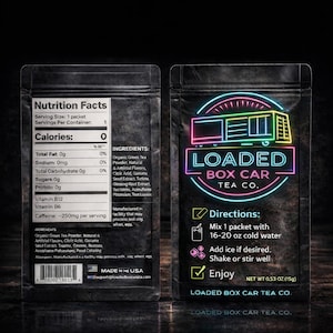 May include: Black packet of Loaded Box Car Tea Co. tea. The front of the packet has the brand name in a neon-style design with a train car graphic. The back has nutrition facts and directions for preparation.