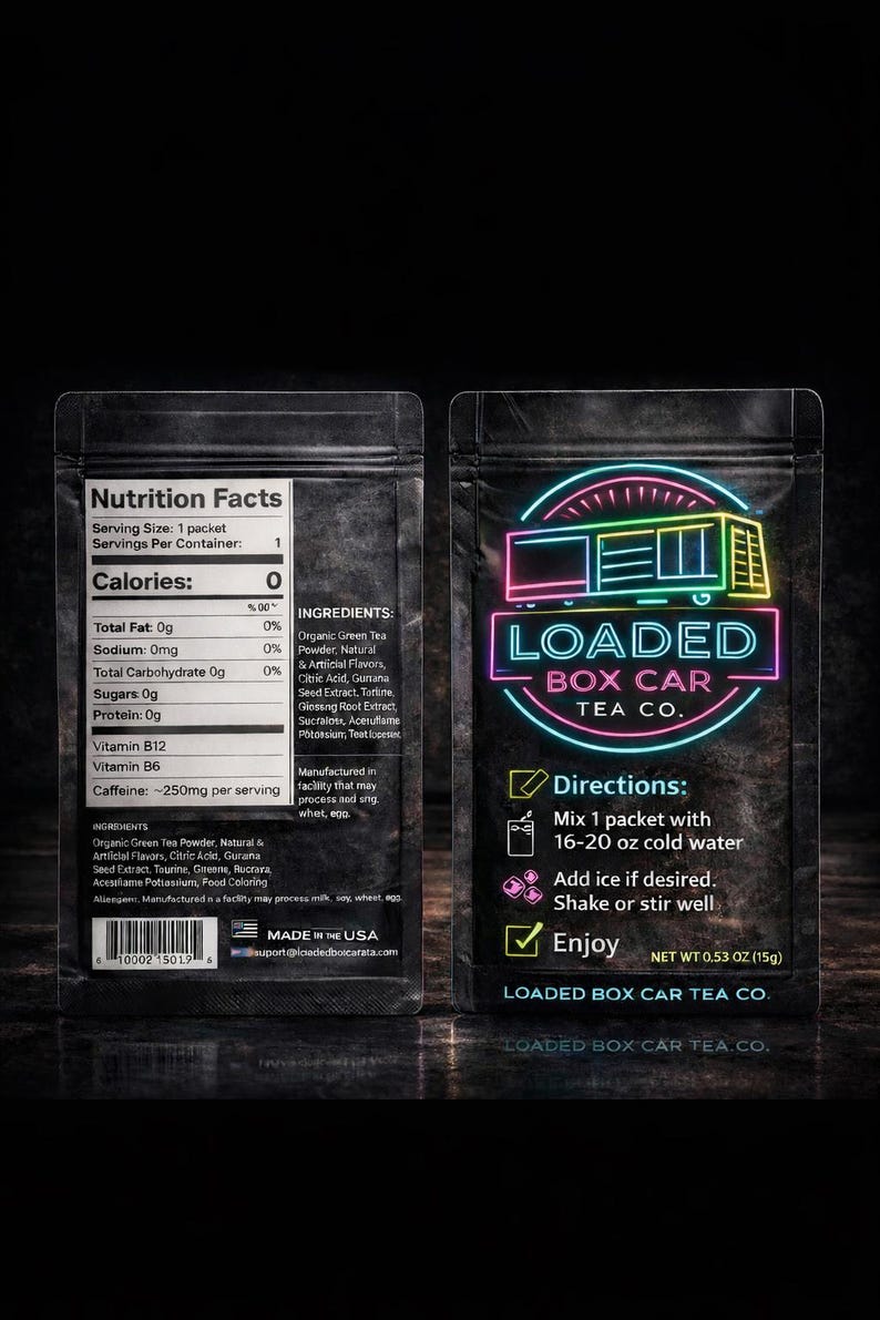 May include: Black packet of Loaded Box Car Tea Co. tea. The front of the packet has the brand name in a neon-style design with a train car graphic. The back has nutrition facts and directions for preparation.