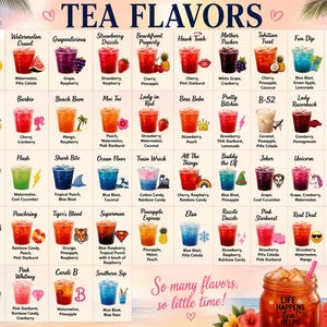 Può includere: Un menu colorato mostra una varietà di gusti di tè, ciascuno in una tazza trasparente con gli ingredienti elencati. L'immagine include il testo "TEA FLAVORS" e "So many flavors, so little time!"