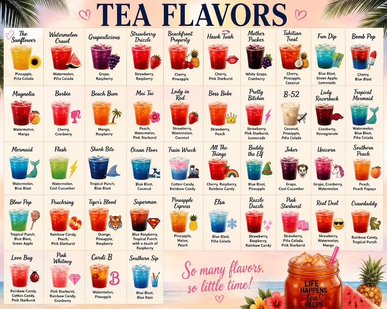 Op de afbeelding: Een kleurrijk menu toont een verscheidenheid aan theesmaken, elk in een transparante beker met ingredi&euml;nten. De afbeelding bevat de tekst "TEA FLAVORS" en "So many flavors, so little time!"