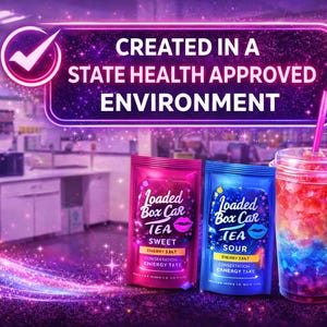 May include: Image features two pouches of Loaded Box Car Tea, one pink and one blue, alongside a colorful layered drink in a clear cup with a straw. Text reads "Created in a State Health Approved Environment."
