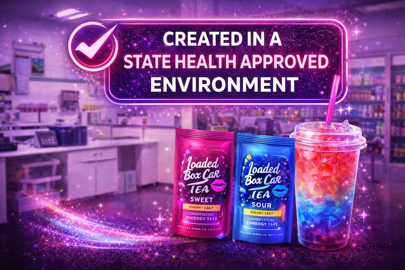 May include: Image features two pouches of Loaded Box Car Tea, one pink and one blue, alongside a colorful layered drink in a clear cup with a straw. Text reads "Created in a State Health Approved Environment."