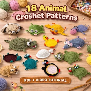Pacchetto di 18 modelli di sottobicchieri all'uncinetto con animali, modello all'uncinetto per mug hugger, graziosi sottobicchieri con animali in formato PDF + tutorial video, uncinetto per principianti