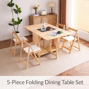 5 Piece Folding Dining Table Set, Space Saving Extendable Table with Storage, Foldable Kitchen Table for Small Apartment