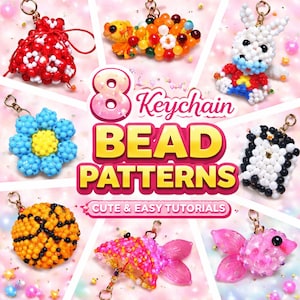 8 Beaded Keychain Patterns Bundle – Cute Seed Bead Charms Tutorials – 3D Bead Weaving DIY – Instant Download
