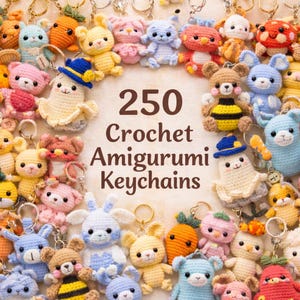 May include: A selection of 250 crochet amigurumi keyrings in various colours. The keyrings depict different animals and characters, such as bears and bunnies. The keyrings are in a variety of colours, including blue, yellow, pink, and orange.