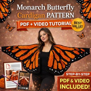 Monarch Butterfly Cardigan Crochet Pattern PDF, Butterfly Wings Sweater, Beginner Friendly, Step-by-Step Tutorial, Instant Download