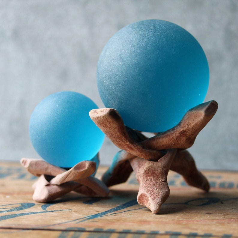 Aqua - Seaglass Ball with Driftwood or Geometric Metal Stand 