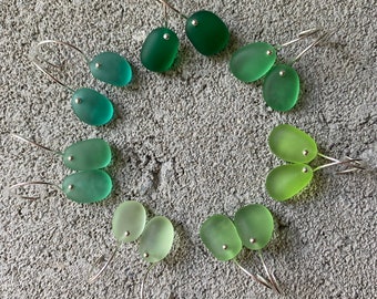 Sea Glass & Sterling Silver Earrings - Shades of Green