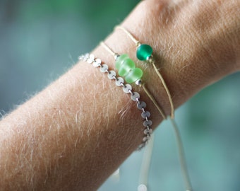 Sea Glass Bracelet Sterling Silver & Cotton - Green Seaglass - Single Sea Glass Bead