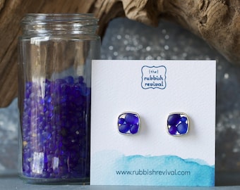 Sea Glass & Silver Mosaic Post Earrings - Royal Blue