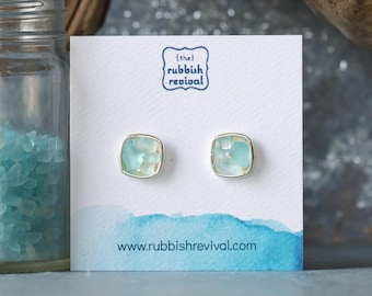 Sea Glass & Silver Mosaic Post Earrings - Seafoam
