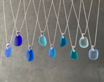 Sea Glass & Sterling Silver Necklace - Shades of Blue