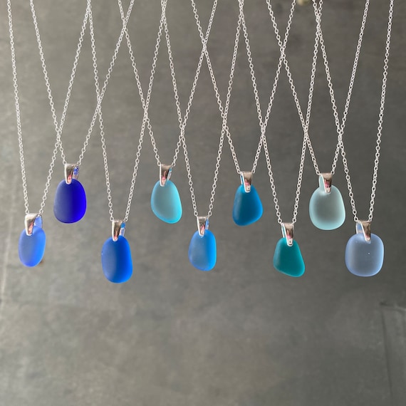 Sea Glass & Sterling Silver Necklace Shades of Blue Etsy