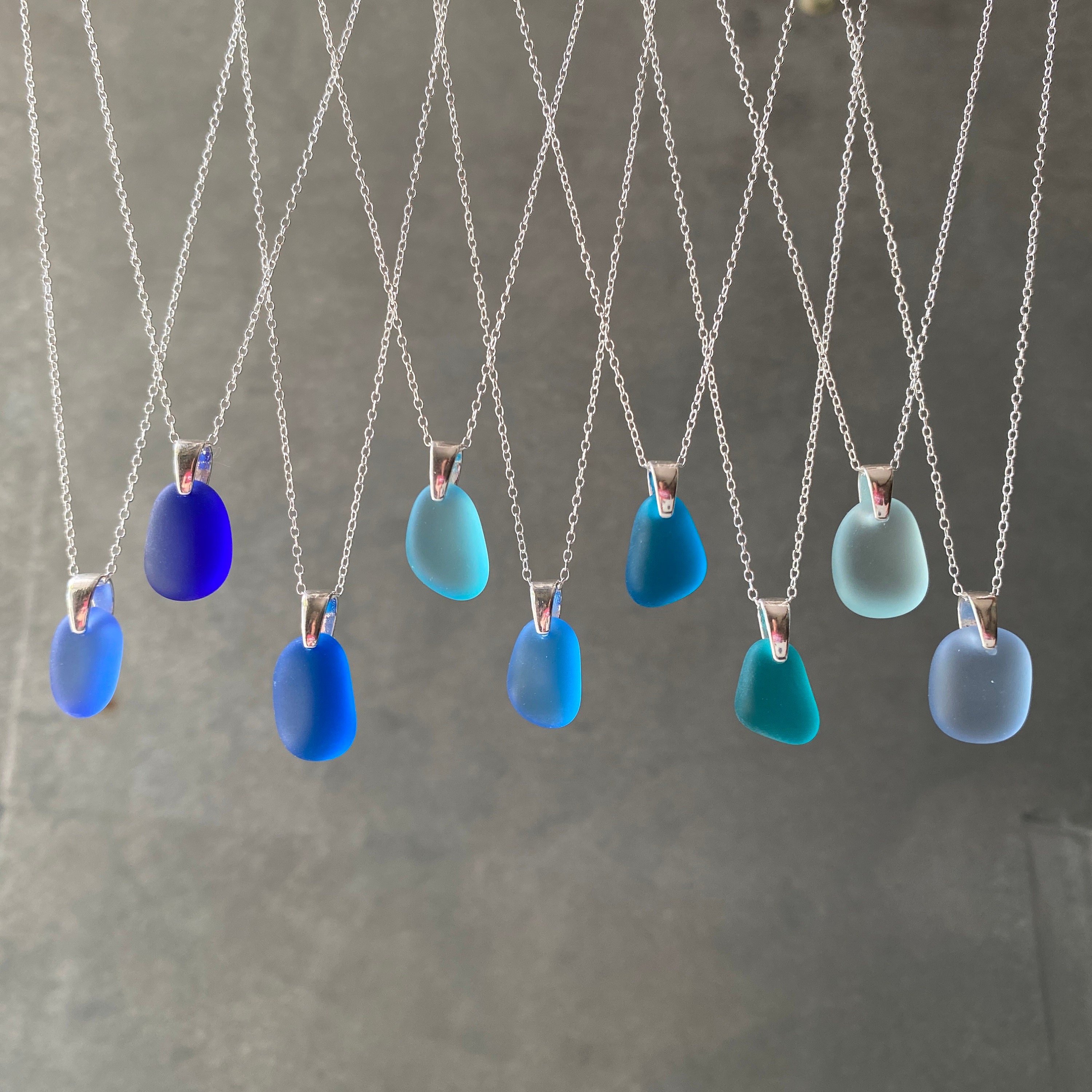 Sea Glass & Sterling Silver Necklace - Shades of Blue