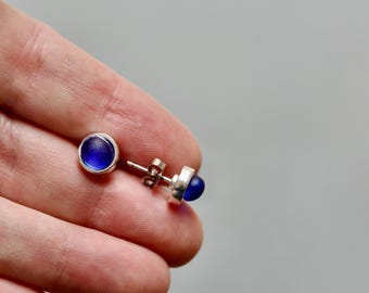 Sea Glass & Silver Petite Stud Earrings - Royal Blue