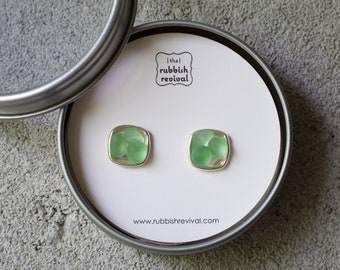 Sea Glass & Silver Mosaic Post Earrings - Green