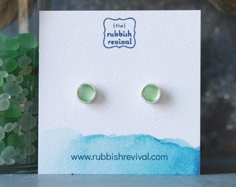Sea Glass & Silver Petite Stud Earrings - Green
