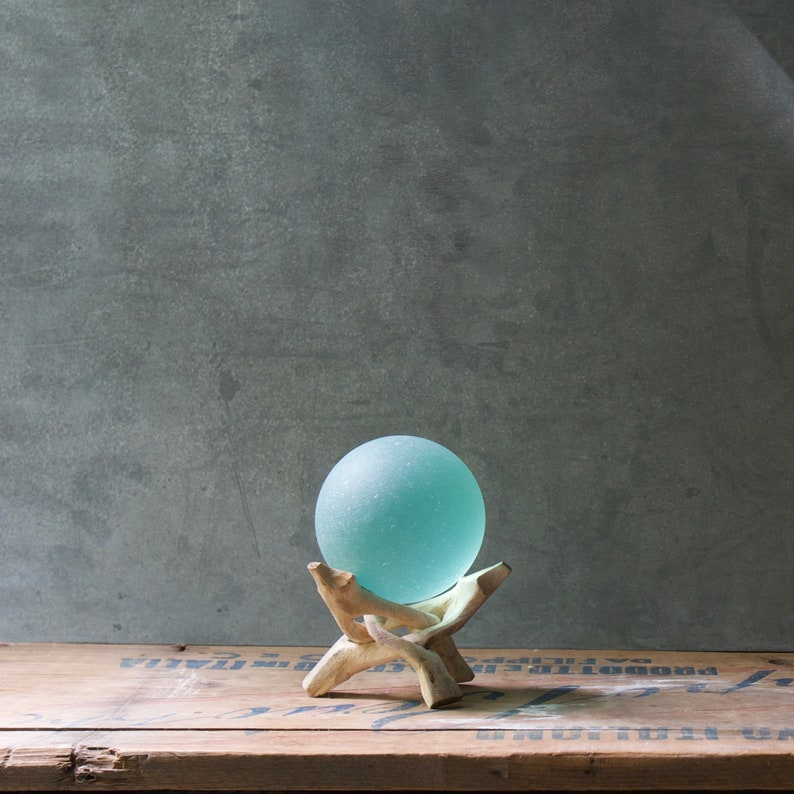 Seafoam Seaglass Ball With Driftwood Stand Large w/ Driftwood
