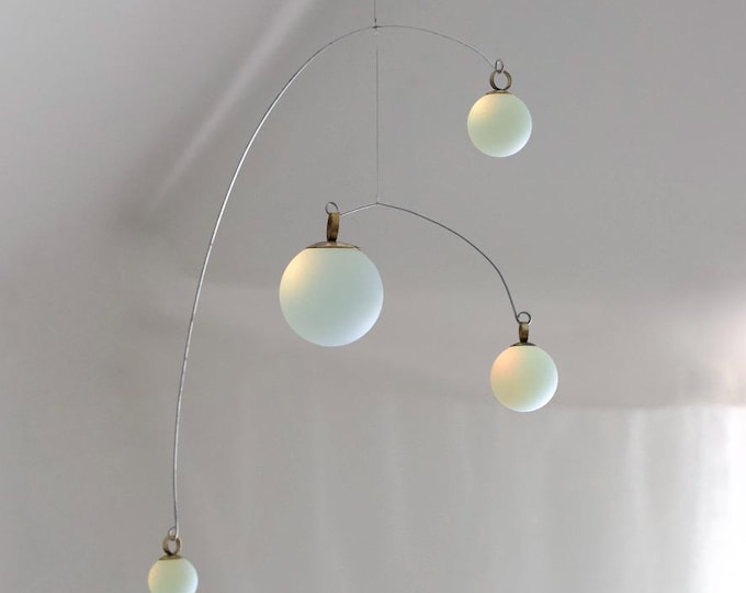 Opalite Glass & Brass Mobile: Handmade Kinetic Sculpture (22” x 14”)