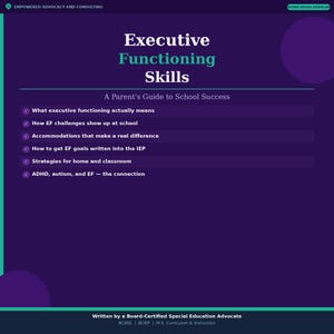 May include: A dark purple digital document titled Executive Functioning Skills: A Parent's Guide to School Success. It lists six bullet points covering topics like EF challenges, IEP goals, and strategies for home and classroom, with author credentials.