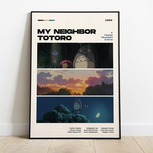 Pu&ograve; includere: Un poster incorniciato con scene del film d'animazione "Il mio vicino Totoro". Il poster ha una cornice nera e mostra tre pannelli: una scena piovosa, un tramonto e una scena notturna con Totoro. Il titolo e i crediti sono in alto e in basso.