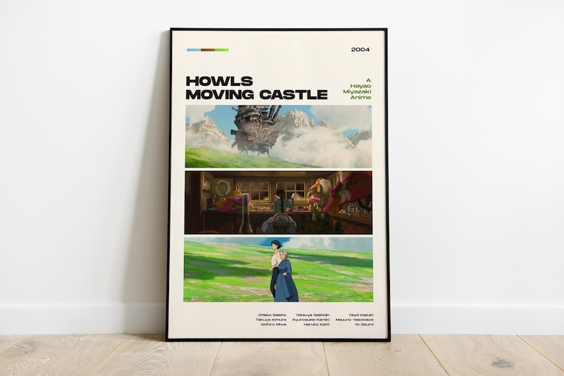 May include: Poster featuring scenes from the animated film "Howl's Moving Castle." The poster has a cream background with three image panels. The top panel shows a castle in the sky. The middle panel shows a scene inside a building. The bottom panel shows two figures in a field.