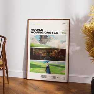 May include: A framed poster for the animated film "Howl's Moving Castle" by Hayao Miyazaki. The poster features three scenes from the movie, with the title and year 2004 at the top. The poster is in a wooden frame and leans against a white wall.