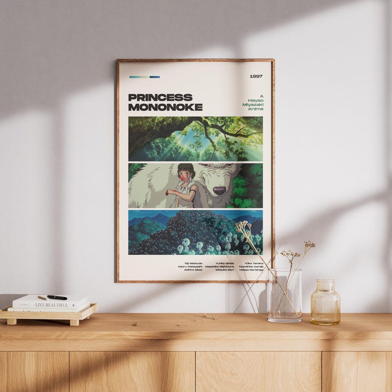 Może przedstawiać: Oprawiony plakat z filmem animowanym "Księżniczka Mononoke". Plakat ma beżowe tło z tytułem dużymi, pogrubionymi literami. Zawiera trzy panele z kolorowymi scenami z filmu, z rokiem 1997 wyświetlanym w prawym g&oacute;rnym rogu.