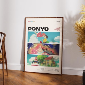 May include: A framed poster featuring the animated film "Ponyo" by Hayao Miyazaki. The poster has three panels with colorful scenes from the movie, including characters and a house. The title "Ponyo" is prominently displayed at the top.
