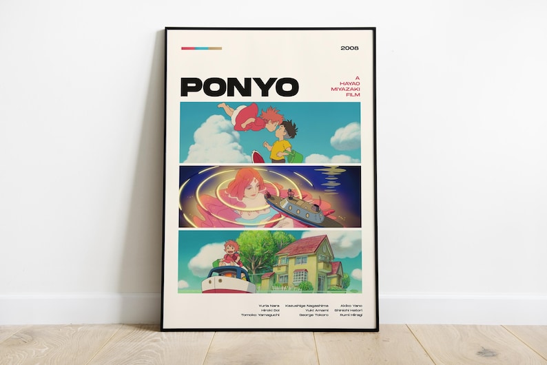 May include: A framed poster featuring the animated film "Ponyo" by Hayao Miyazaki. The poster has a cream background with three panels of colorful illustrations from the movie. The title "PONYO" is in large black letters at the top.