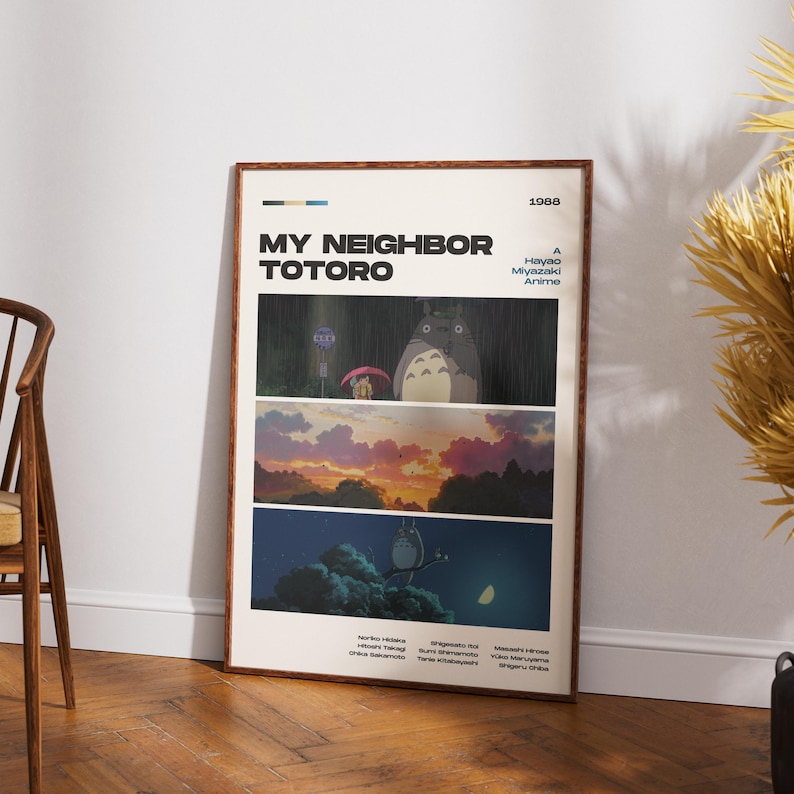 Pu&ograve; includere: Un poster incorniciato con scene del film d'animazione "Il mio vicino Totoro". Il poster ha una cornice marrone e mostra tre pannelli con immagini di Totoro e altri personaggi. Il titolo e i crediti sono stampati in alto e in basso.