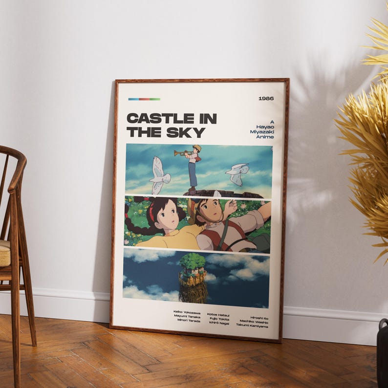 Peut inclure: Une affiche encadr&eacute;e du film d'animation "Le Ch&acirc;teau dans le ciel" (1986) de Hayao Miyazaki. L'affiche pr&eacute;sente trois panneaux horizontaux avec des illustrations color&eacute;es de personnages et de sc&egrave;nes du film, avec le titre en haut.