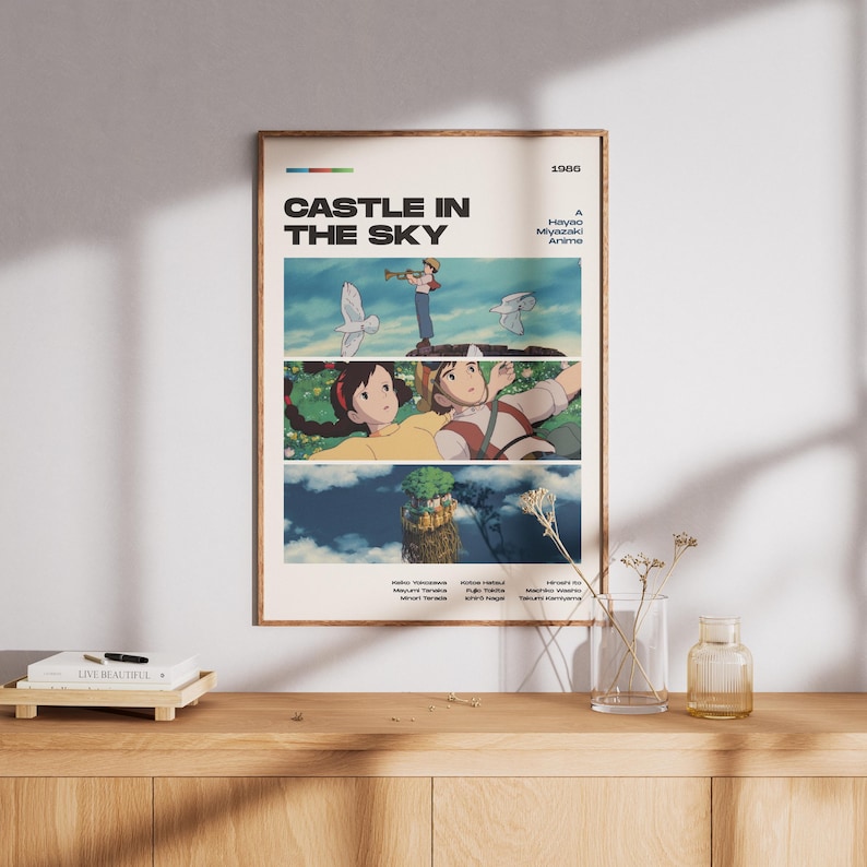 Peut inclure: Une affiche encadr&eacute;e du film d'animation "Le Ch&acirc;teau dans le ciel". L'affiche a un fond beige avec trois panneaux horizontaux affichant des sc&egrave;nes du film. Le titre est en lettres noires en gras, avec l'ann&eacute;e 1986 et "Un anime de Hayao Miyazaki" &eacute;galement visibles.
