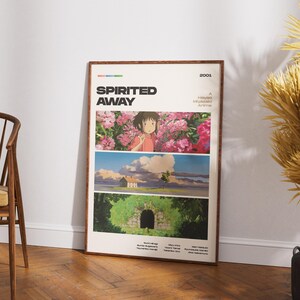 May include: A framed poster featuring the animated film "Spirited Away." The poster has a cream-colored background with three panels showcasing scenes from the movie. The top panel shows a girl in a pink shirt surrounded by pink flowers. The poster is in a brown frame.