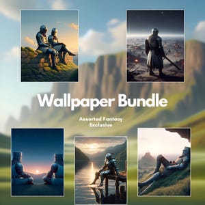 May include: A promotional image for a wallpaper bundle. The image features several fantasy-themed digital art pieces, including knights in armor, landscapes, and a lake scene. Text includes "Wallpaper Bundle" and "Embrace yourself in pixelated fantasy magic."