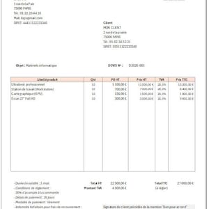 以下が含まれることがあります： 「DEVIS」と書かれたビジネスの見積書で、上部に「EI LOGO」のロゴがあります。 Ultrabook、ワークステーション、グラフィックカードなどのコンピューターハードウェアが、価格と数量とともに記載されています。 日付は2026年2月23日です。