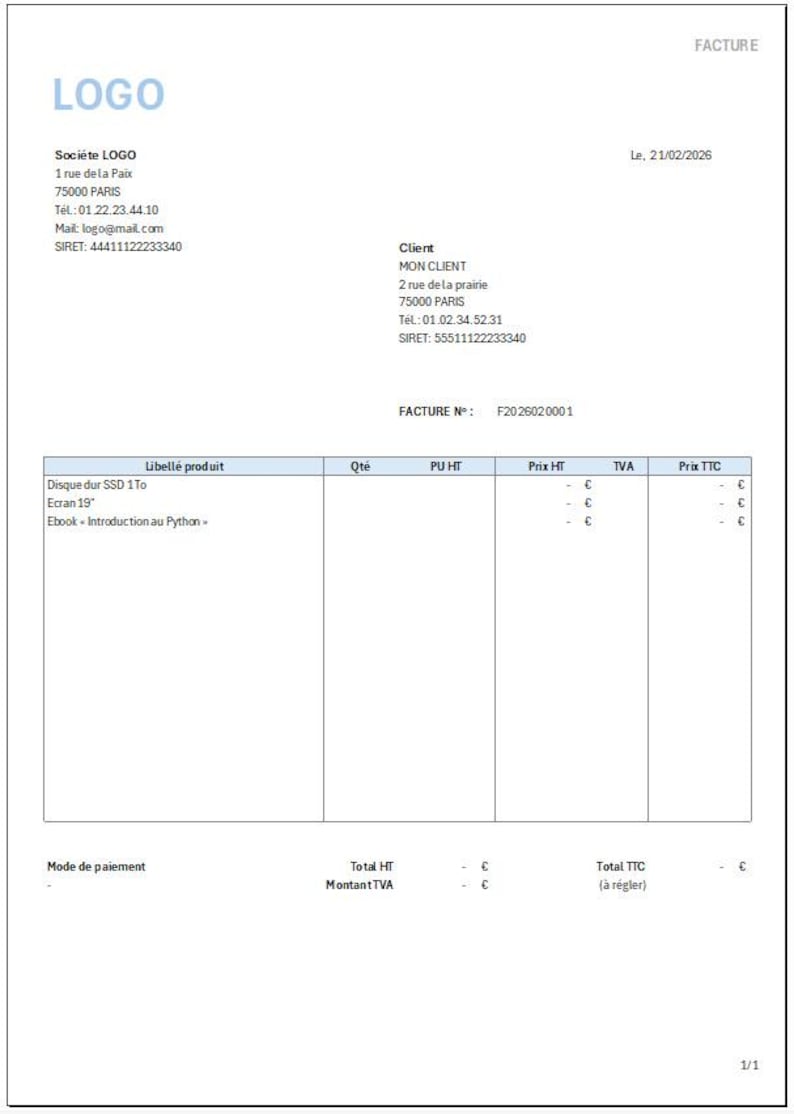 Standard Invoice (FR) - Simple Template. in French, for Tradespeople ...