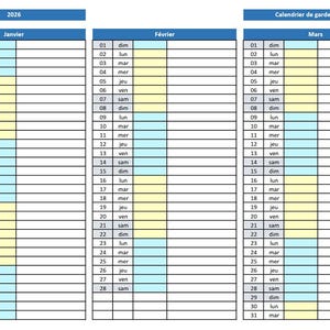 Peut inclure: Calendrier 2026 affichant janvier, février et mars. Chaque mois est présenté sous forme de grille, avec les dates et les jours de la semaine. Certaines cellules sont en bleu et jaune.