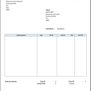 以下が含まれることがあります： 左上に「LOGO」という文字が入った白い請求書のテンプレート。会社と顧客の情報、製品の詳細、数量、合計のセクションが含まれています。請求書番号はF20260001です。