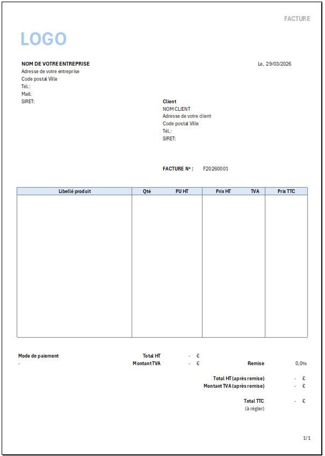 Standard Invoice With Discount, in French – Automatic Excel Template ...