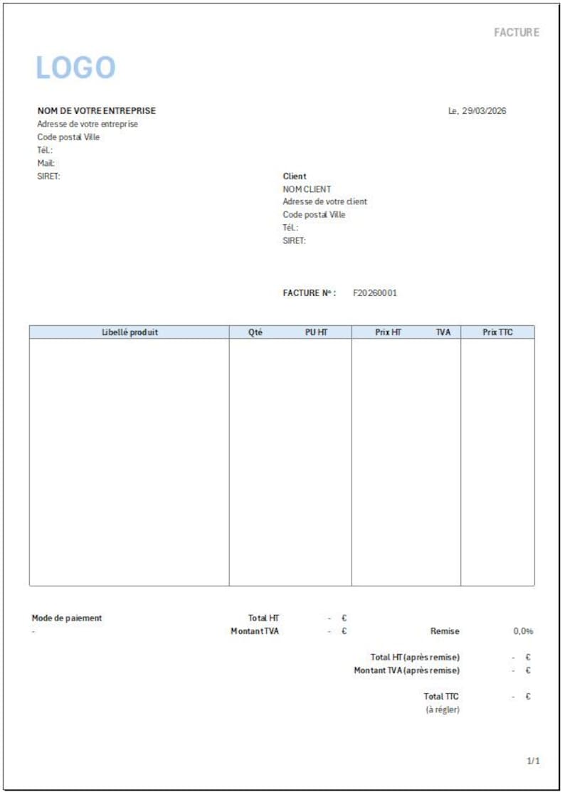 Standard Invoice With Discount, in French – Automatic Excel Template ...
