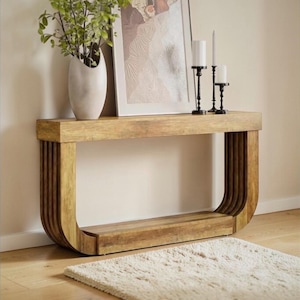 Houten consoletafel: smalle tafel met 2 niveaus, rustiekbruin accent en u-vormig onderstel